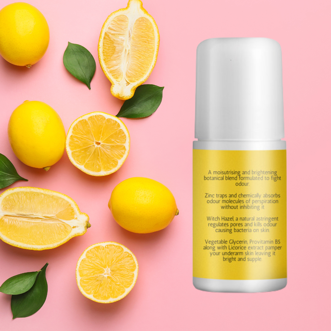 Best underarm whitening roll on in India with lemon extracts and zinc for odor control, witch hazel for skin care, and natural ingredients — ideal under arm roll on for women.
