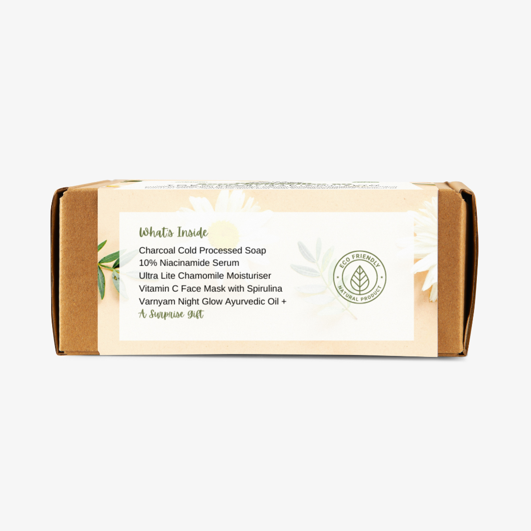 What's inside our acne treatment kit: charcoal soap, chamomile moisturiser, vitamin C face mask, vamyam oil and seagram - complete acne care pack