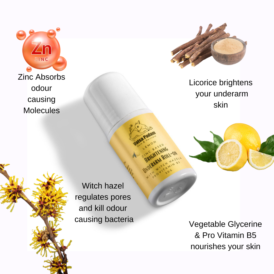 Underarm whitening roll on with zinc, licorice, witch hazel, and vitamin B5 — best roll on for dark underarms offering odor protection and skin nourishment.