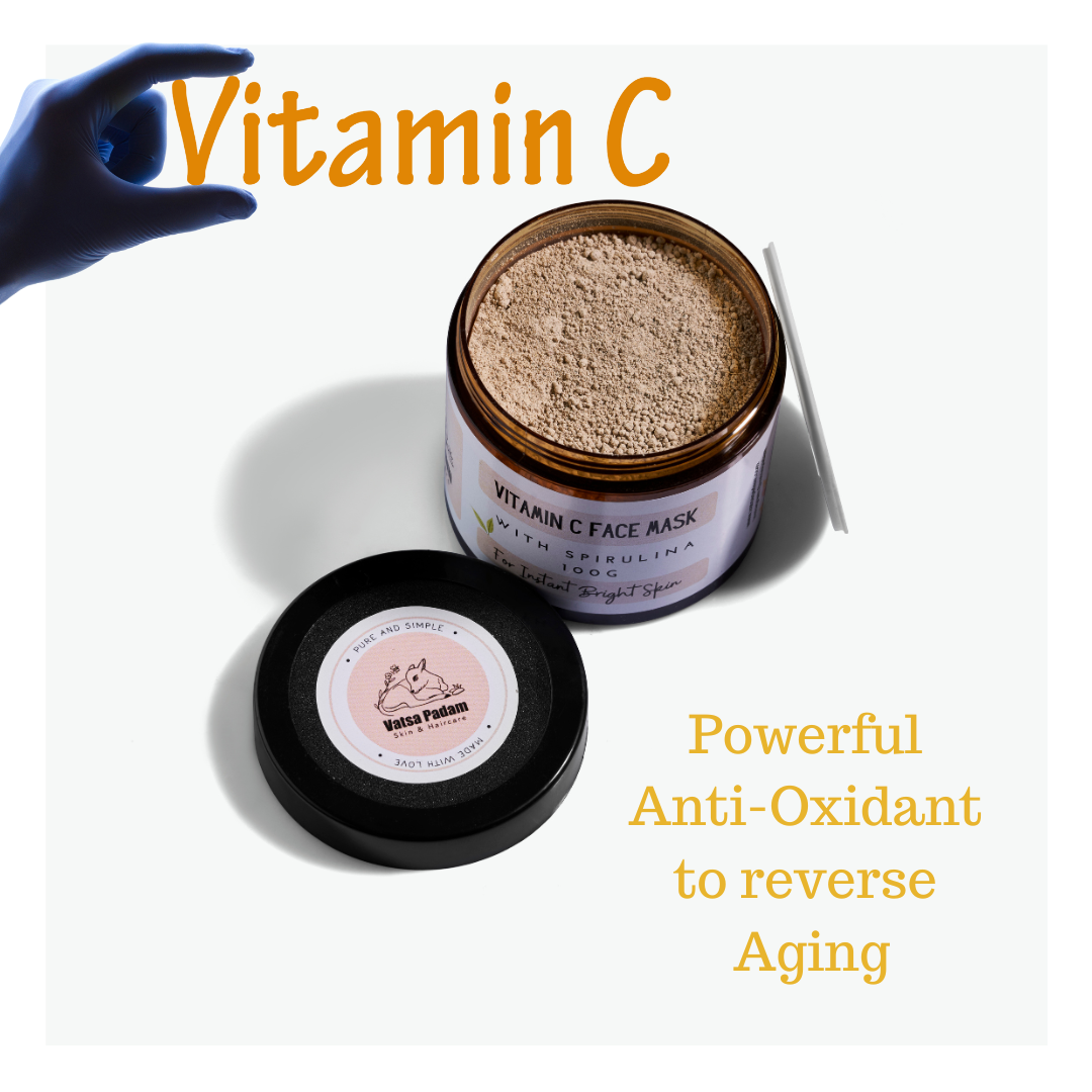 Open jar of Vitamin C Face Mask powder for brightening and reducing dull skin